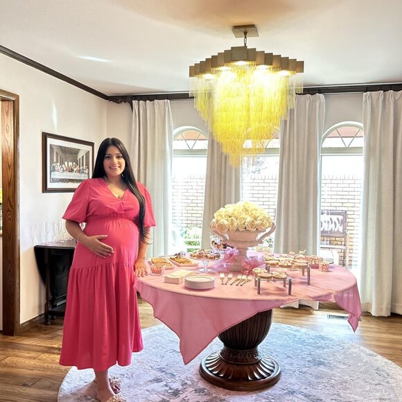 Women's V Neck Short Puff Sleeve A Line Tiered Fall Wedding Guest Maxi Dress - Picture 7 of 7